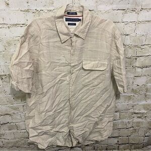 Tommy Hilfiger Beige White Plaid Pure Linen Short Sleeve Button Up